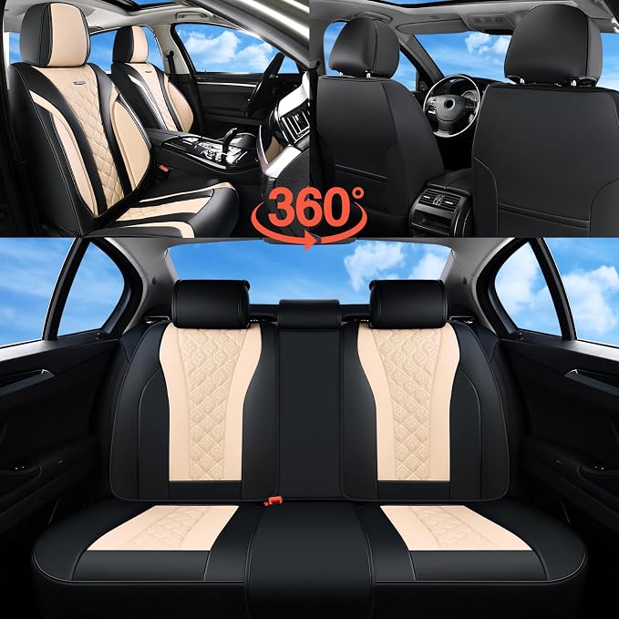 Coverado Car Seat Covers, Seat Covers Full Set, Black Beige Car Seat Cover, Perforated Diamond Leather Seat Covers for Cars, Luxury Car Seat Cushion, Auto Seat Covers Universal Fit Most Cars