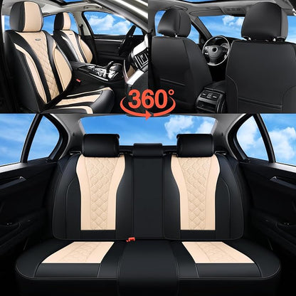 Coverado Car Seat Covers, Seat Covers Full Set, Black Beige Car Seat Cover, Perforated Diamond Leather Seat Covers for Cars, Luxury Car Seat Cushion, Auto Seat Covers Universal Fit Most Cars
