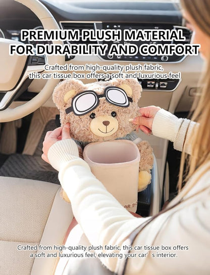2 in 1 Cute Bear Car Tissue Box and Trash Can, Stylish & Creative Car Armrest Box Tissue Holder, Premium Aesthetic Decor, Ideal Interior Use (Bear)