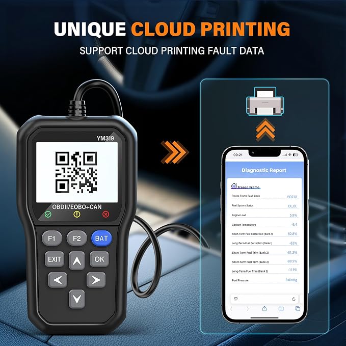 BluSon YM319 OBD2 Scanner Diagnostic Tool with Battery Tester, Check Engine Fault Code Reader with Live Data, Cloud Printing, DTC Lookup, Freeze Frame, Scan Tool for All OBDII Protocol Cars Since 1996