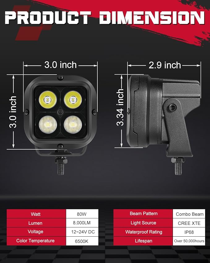 LED Pods, OFFROADTOWN 3inch 80W CREE LED Pods Off Road Driving Lights Cubes Ditch Lights Headlight for Truck Pickup Dirt Bike UTV ATV SUV Boat 4x4 Car - Combo Beam