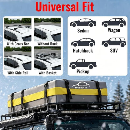 21 Cubic Feet Car Roof Cargo Carrier Bag, Waterproof Rooftop Bag for All Vehicle with/Without Racks, Soft Roof Top Storage Box with Anti-Slip Mat, 6 Door Hooks, Luggage Lock, Gray Yellow