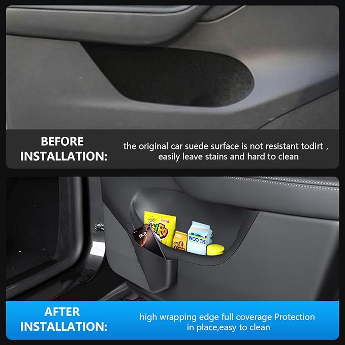 Door Side Storage Box Compatible with 2025 2026 Tesla Model Y Juniper Accessories, Full Cover TPE Door Pocket Liner Organizer with Emergency Mechanical Release Handle, 4PCS Front Rear Set (Black)