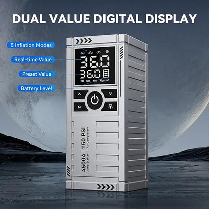 Car Battery Jump Starter with Air Compressor - 4500A Battery Jumper Starter Portable (9.0 Gas/8.0L Diesel) with 150PSI Tire Inflator, 12V Car Jump Box with Jumper Cables, LED Light, LCD Display