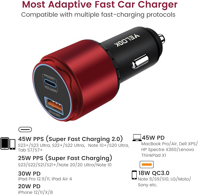 VELOGK Super Fast Type C Car Charger [73W Turbo], Fast Adaptive 55W 45W PPS/PD&QC3.0 USB C Car Adapter[Super Fast Charging 2.0]for Samsung S26/S25 Ultra/S24 Ultra/S23 Ultra/S22+/S21/S20, iPad Pro(Red)