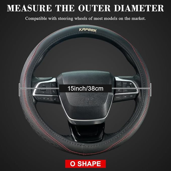 KAFEEK 15 inch Steering Wheel Cover, Breathable Perforated Microfiber Leather, Sporty Diamond Texture, Anti-Slip Red Stitching Car Steering Wheel Protector, Universal Fit for Cars SUVs Trucks, Black