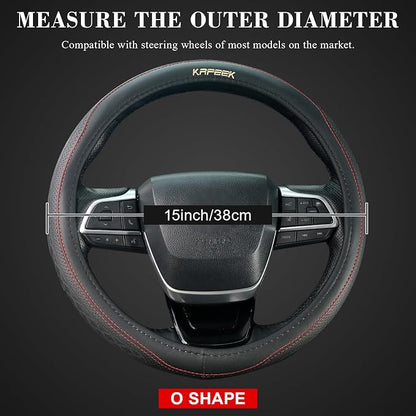 KAFEEK 15 inch Steering Wheel Cover, Breathable Perforated Microfiber Leather, Sporty Diamond Texture, Anti-Slip Red Stitching Car Steering Wheel Protector, Universal Fit for Cars SUVs Trucks, Black