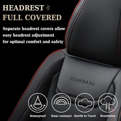 Coverado Car Seat Covers Full Set, Seat Covers for Cars, Car Seat Protector Waterproof, Leather Cushion, Universal Car Interior Covers Seat Protectors for Most Cars Black-Redline