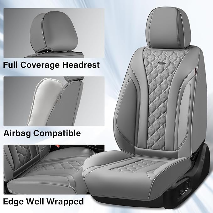 Coverado Leather Seat Covers, Car Seat Covers Full Set, Perforated Diamond Leather Car Seat Cover, Waterproof Car Seat Protector Seat Cushion, Universal 5 Seats Seat Cover Fit for Most Cars, Gray