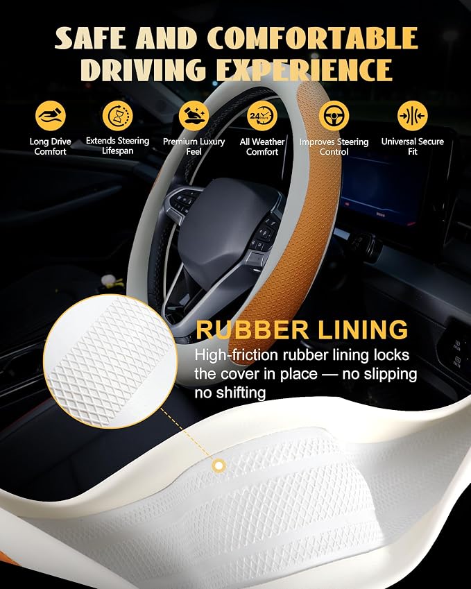 Car Leather Steering Wheel Cover, Genuine Embossed Leather with Anti-Slip Lining, Universal 15 Inch, Fits SUVs, Vans, Sedans, Trucks, Orange