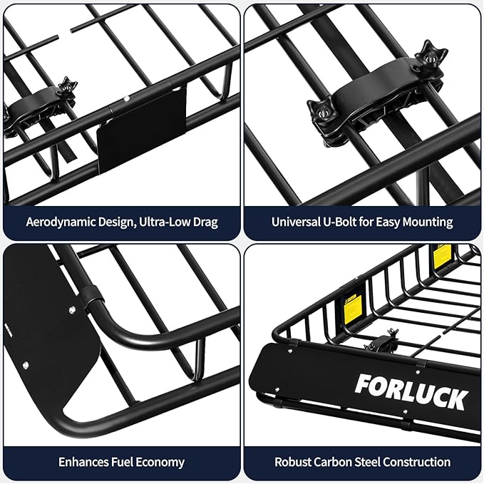 Forluck 64 x 39 x 6 Inch Universal 250 LBS Heavy Duty Roof Rack Cargo Carrier with Net & Ratchet Straps, Extension Rooftop Cargo Carrier, Car Top Luggage Holder for SUV, Truck or RV Steel Construction