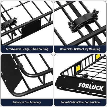 Forluck 64 x 39 x 6 Inch Universal 250 LBS Heavy Duty Roof Rack Cargo Carrier with Net & Ratchet Straps, Extension Rooftop Cargo Carrier, Car Top Luggage Holder for SUV, Truck or RV Steel Construction