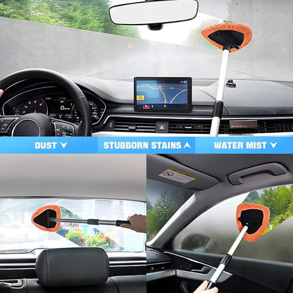 Windshield Cleaning Tool, Car Window Cleaner with Extendable Long Handle and 4 Washable Reusable Microfiber Pads, Auto Interior Exterior Glass Wiper Cleaning Kit Universal for Office and Home (Orange)