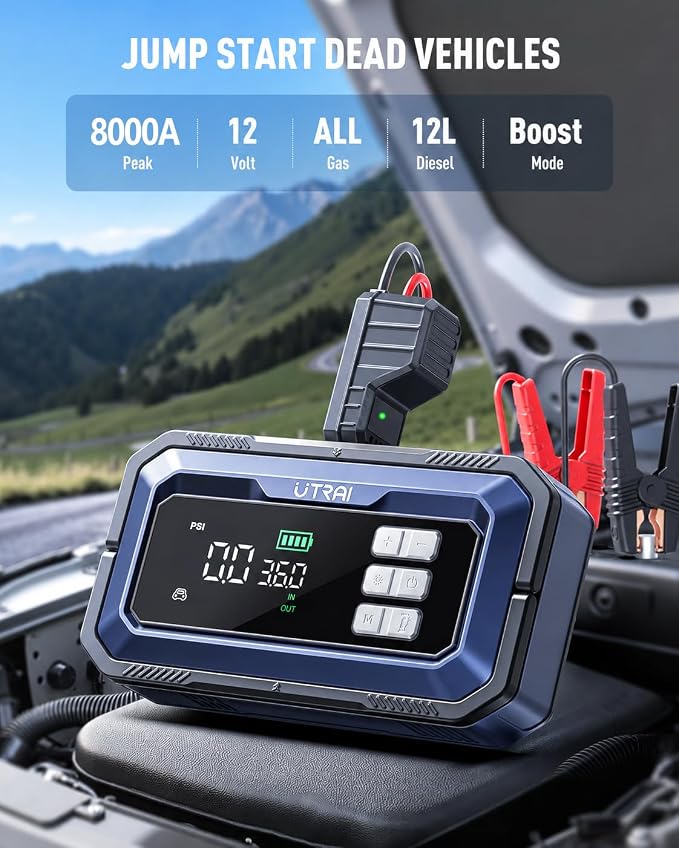 UTRAI Jump Starter with Air Compressor,8000A Portable Car Battery Jump Starter for All Gas/12L Diesel,150PSI Tire Inflator with Auto Shut-Off,160W DC Output, 2000LM Light,OBD2 Scanner