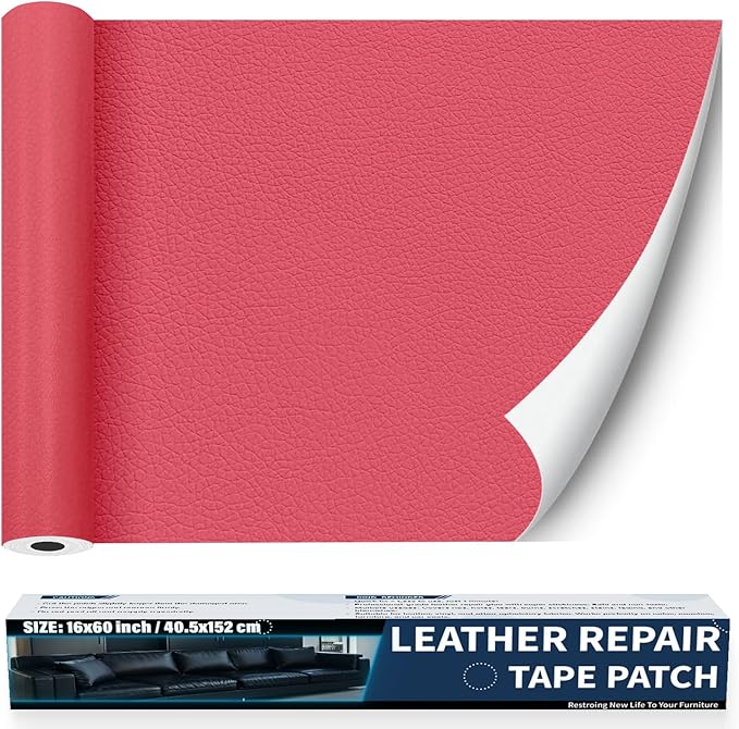 Zenyao Leather Repair Patch Tape - Self Adhesive Leather Repair Kit for Car Seat Furniture, Heavy Duty Vinyl Repair Patch for Couch Sofa, Waterproof Fix for Tears, 16x60 Inch Roll, Hot Pink