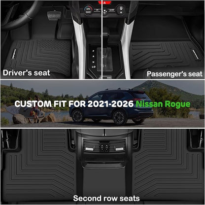 Floor Mats for 2021-2026 Nissan Rogue Upgrade Trunk Mat with Backrest Mat All Weather Floor Liners TPE Rubber Cargo Liner Fit for 2026 Nissan Rogue Anti-Slip Full Set Automobile Mats Accessories