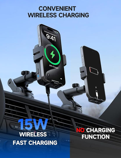 MOKPR Wireless Car Charger, 15W Auto Clamping Car Charger Dash Windshield Air Vent Phone Holder Compatible with iPhone 16 15 14/13/13 Pro/12 pro/12/11/X/8, Samsung S24/S23/S22