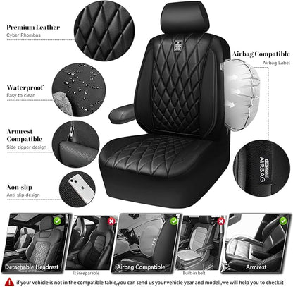 CAR PASS 5 Seats Piping Luxury Faux Leather Seat Covers Full Set, Anti-Slip Waterproof Seat Covers Compatible with Front Armrests, Universal Fit for Suvs,Vans,Trucks,Airbag Compatible, Pure Black