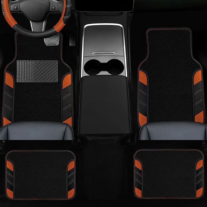 NBTEPEM 10 Pcs Car Floor Mats Full Set & Sport Leather Steering Wheel Cover 14.5-15 inch, Center Console Cover, Seat Belt Cushion, Cup Holder Coaster, Universal Automobile Interior Sets (Brown)