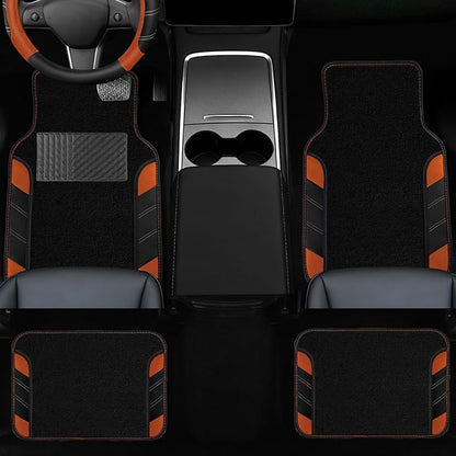 NBTEPEM 10 Pcs Car Floor Mats Full Set & Sport Leather Steering Wheel Cover 14.5-15 inch, Center Console Cover, Seat Belt Cushion, Cup Holder Coaster, Universal Automobile Interior Sets (Brown)