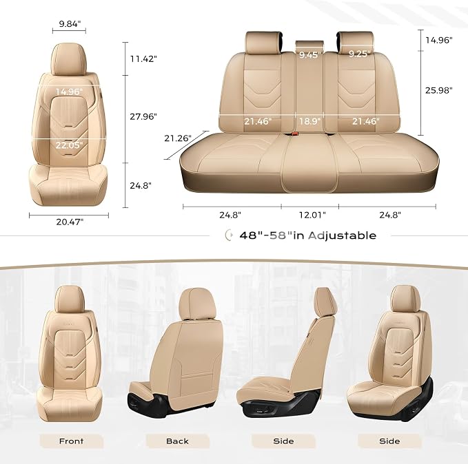 Coverado Car Seat Cover Full Set, Front and Rear Seat Cover for Car, Leather Car Seat Protector, Beige Universal Seat Covers, Waterproof Car Seat Cushion, Automotive Seat Covers Fit for Most Vehicles