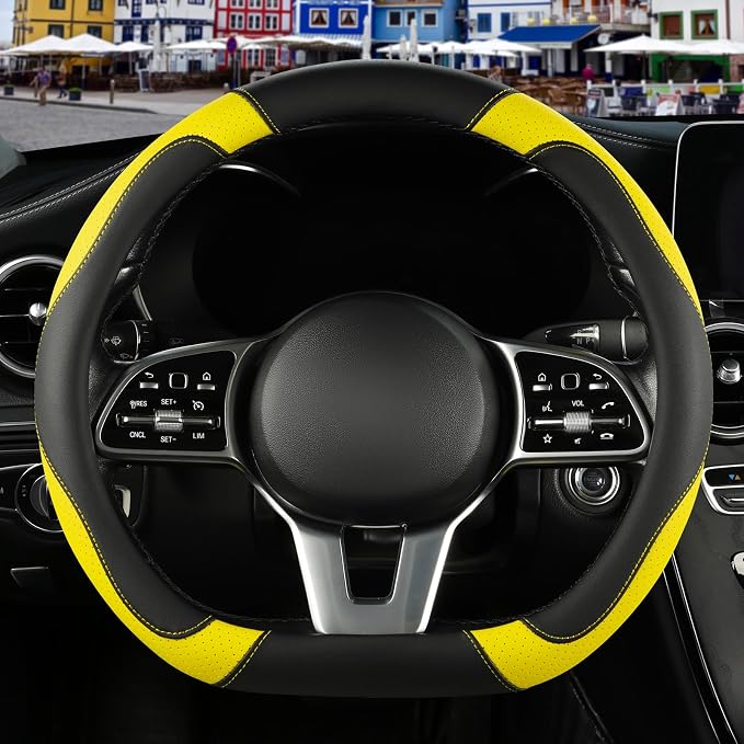 Microfiber Leather D Shaped Steering Wheel Cover, Breathable, Anti Slip, 13.5 inch to 14 inch, Black with Yellow
