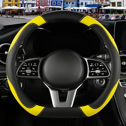 Microfiber Leather D Shaped Steering Wheel Cover, Breathable, Anti Slip, 13.5 inch to 14 inch, Black with Yellow