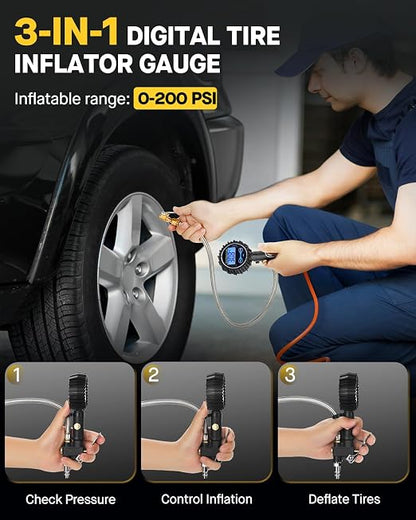 Vondior Digital Tire Inflator with Pressure Gauge 200 PSI - Large 2" Digital Dial, Heavy Duty Air Chuck and Compressor Accessories with Tire Tread Depth Gauge and Quick Connect Coupler Car Accessories