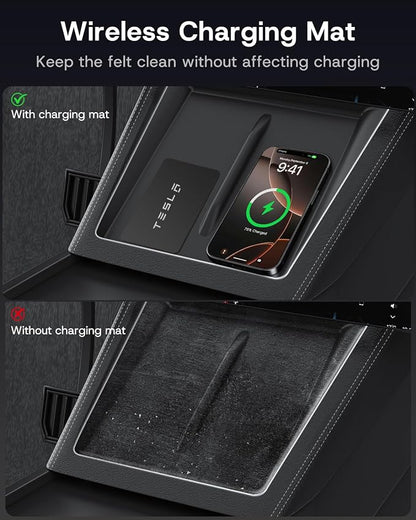 9PCS Center Console Organizer Tray for Tesla Model 3 Accessories 2024 2025 2026 [Premium PC + Silent Silicone Liner] Bottom Liners Armrest Privacy Hidden Storage Cup Holder Wireless Charging Pad