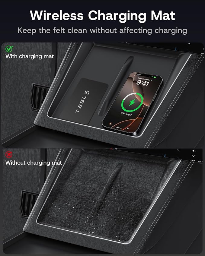 Center Console Organizer Tray for Tesla Model Y Juniper 2026 2025 (Premium & Performance), 8PCS - PC Material & Silent Silicone Armrest Storage Box Bottom Liners Wireless Charging Pad Cup Holder