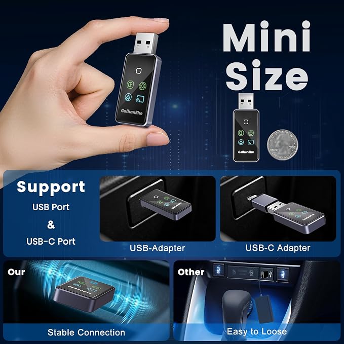 4 In 1 Wireless CarPlay Adapter, Screen Mirroring Adapter Support iPhone iOS 10+ & Android 11+ to Car Screen to Watch Videos, Wired to Wireless, No Delay (CarPlay+Airplay+Android Auto+ Mirror Link)