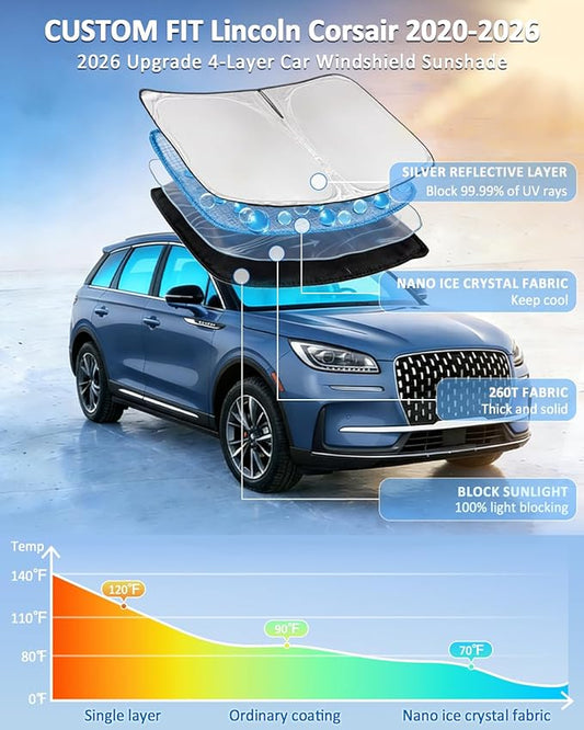 Windshield Sunshade for Lincoln Corsair 2020-2026 Sun Shade Car Windshield Accessories Upgrade 4 Layers Blocks UV Rays Custom Fit Corsair 240T Car Window Shades Front Windshield Keep Cool Foldable