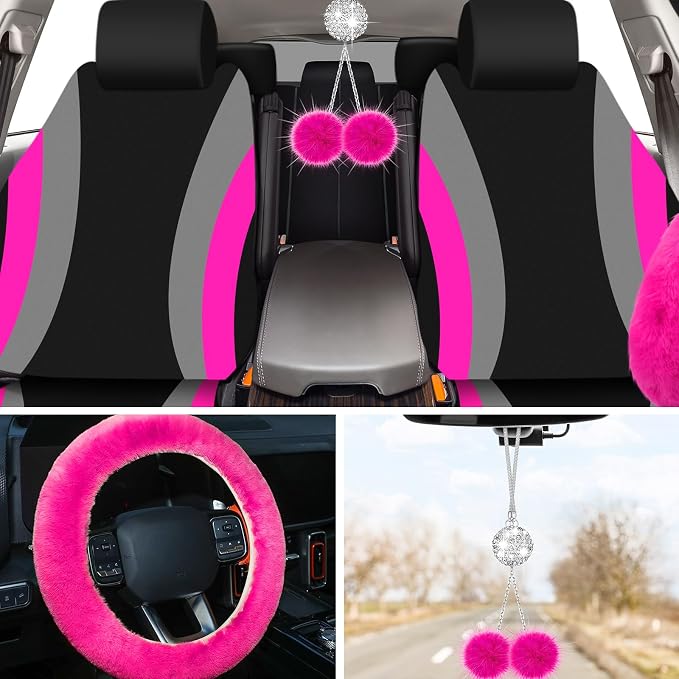 ROCEEI 43 Pcs Car Seat Cover Full Set for Women Christmas Fuzzy Car Accessories Fluffy Steering Wheel Cover Front Rear & Belt Handbrake Shift Accessory for Winter (Rose Red)