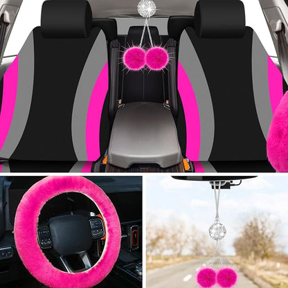ROCEEI 43 Pcs Car Seat Cover Full Set for Women Christmas Fuzzy Car Accessories Fluffy Steering Wheel Cover Front Rear & Belt Handbrake Shift Accessory for Winter (Rose Red)