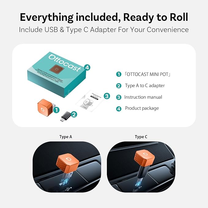 OTTOCAST Mini 3.0 (Pot) 2025 2-in-1 Wireless CarPlay/Android Auto Adapter, 5GHz WiFi, Auto Connect for 2016+ Cars