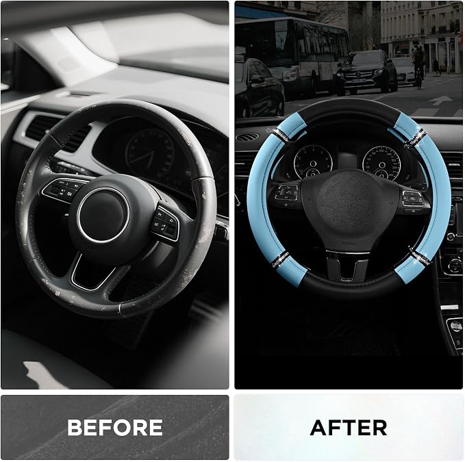 Road Comfort Leather Steering Wheel Cover – Premium Anti-Slip Car Steering Wheel Grip Cover – Universal Fit for 14.5”–15” Cars, Trucks & SUVs - Blue