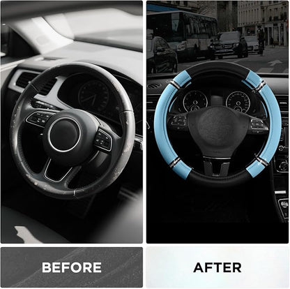 Road Comfort Leather Steering Wheel Cover – Premium Anti-Slip Car Steering Wheel Grip Cover – Universal Fit for 14.5”–15” Cars, Trucks & SUVs - Blue