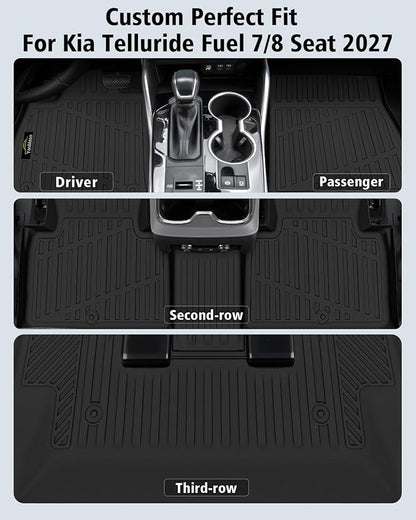 Floor Mats Custom for Kia Telluride 2027 Gas Only (Not for Hybrid) 7&8 Seater Trunk Mat with Backrest Mat All Weather TPE Full Set Liners Cargo Protector for Telluride 2027 Fuel Accessories, Black
