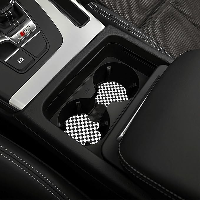 Black and White Checkered Steering Wheel Cover Universal 14.5-15 Inch Anti-Slip Breathable with 2 Pieces Car Coasters for Men Women Checkered Car Accessories Decorate