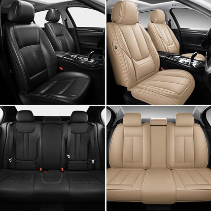 MINGBRON Car Seat Covers Full Set,Black Beige Car Seat Cover, Car Seat Protector Waterproof, Nappa Leather Car Seat Cushion, Fit for Most Cars