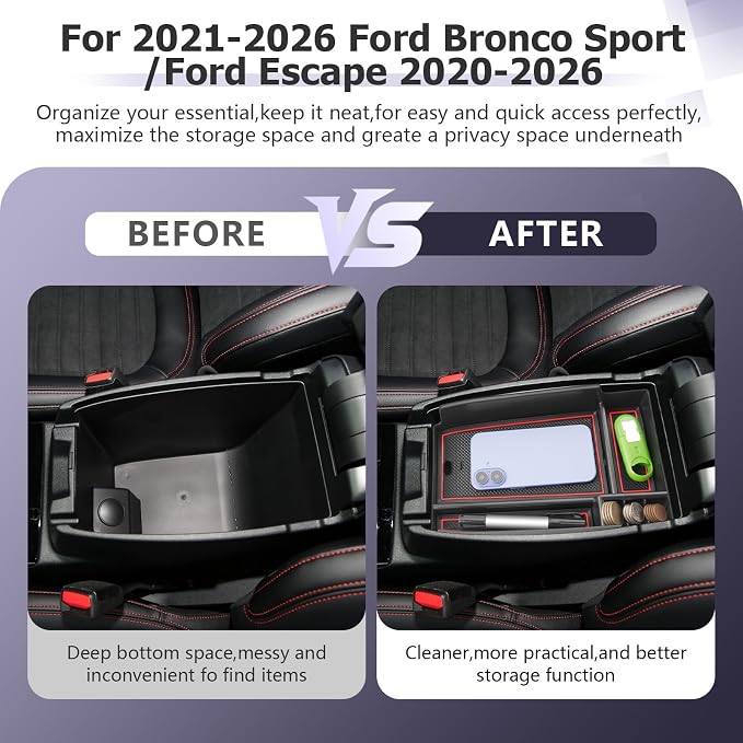 LUWU Center Console Organizer Compatible with Bronco Sport 2021-2026/Ford Escape 2020-2026 Accessories Armrest Console Storage Box Insert Tray ABS Material Black Coin Container Red