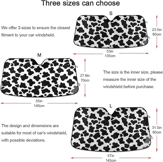 White Black Cow Print Windshield Sun Shade for Car Auto SUV Truck Foldable Front Window Sunshade Sun Visor Protector Block UV Rays Reflect Heat, 55" x 28"