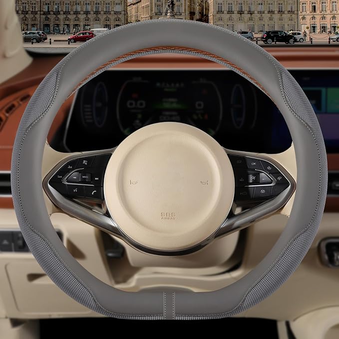 Nappa Leather Gray D Shape Steering Wheel Cover, Advanced Microfiber Leather Non-Slip Breathable Fabric, Warm in Winter and Cool in Summer, Universal 15 inch