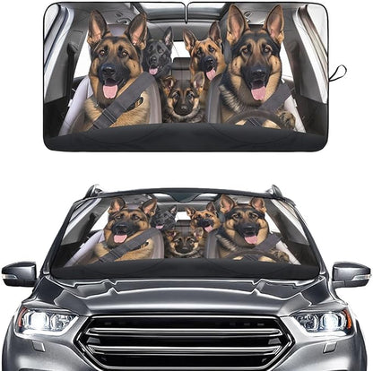GENANY Cute Shepherd Dog Family Funny Windshield Sun Shade for Sedan SUV Truck (64x32 Inches), Automobile Sunshade, Car Decor