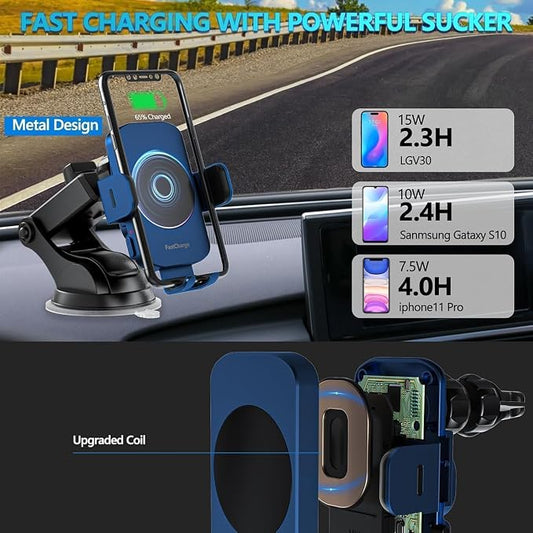 Wireless Car Charger, Fast Charging 15W Auto Clamping Car Charger Phone Holder Phone Mount for iPhone17 16 15 14 13 12 11 Pro Max Xs, Samsung Galaxy S24 Ultra S23 S22 S21 S20 S10+ Note 9, etc