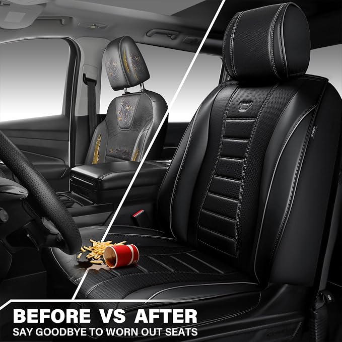 CAR PASS Nappa Leather Seat Covers 2, Waterproof Universal FIT Piping Leather Car seat Covers Front Seats, 3D Foam Front Seat Cover for Cars,SUV,Trucks Airbag Compatible Luxury&Comfort&Durable Black