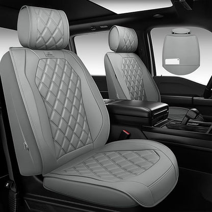 CAR PASS Luxury Nappa Leather Seat Covers Full Set, 3D Rhombus Waterproof Faux Leather Seat Covers, Universal Automotive Seat Cushion Fit for Most Sedan SUV Truck Van, Armrest Airbag Compatible Gray