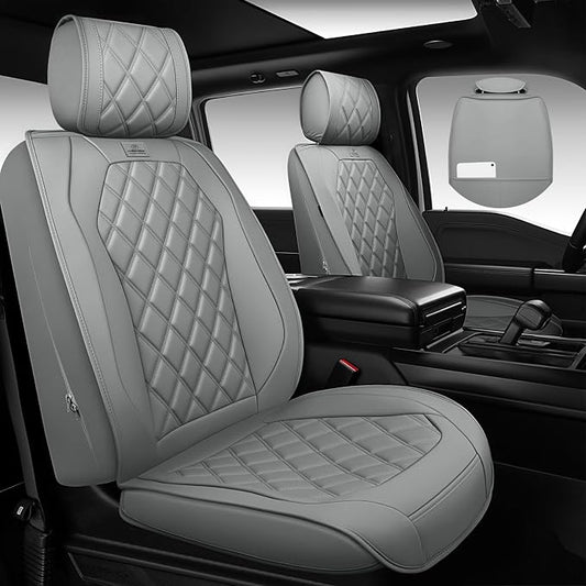 CAR PASS Luxury Nappa Leather Seat Covers Full Set, 3D Rhombus Waterproof Faux Leather Seat Covers, Universal Automotive Seat Cushion Fit for Most Sedan SUV Truck Van, Armrest Airbag Compatible Gray