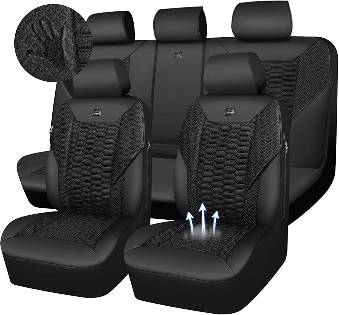 CAR PASS 3D Foam Mesh Leather Car Seat Covers Full Set,Breathable Mesh Faux Leather Seat Covers for Car,Universal Fit for SUV Truck Sedan Automotive, Armrest Airbag Compatible,Black