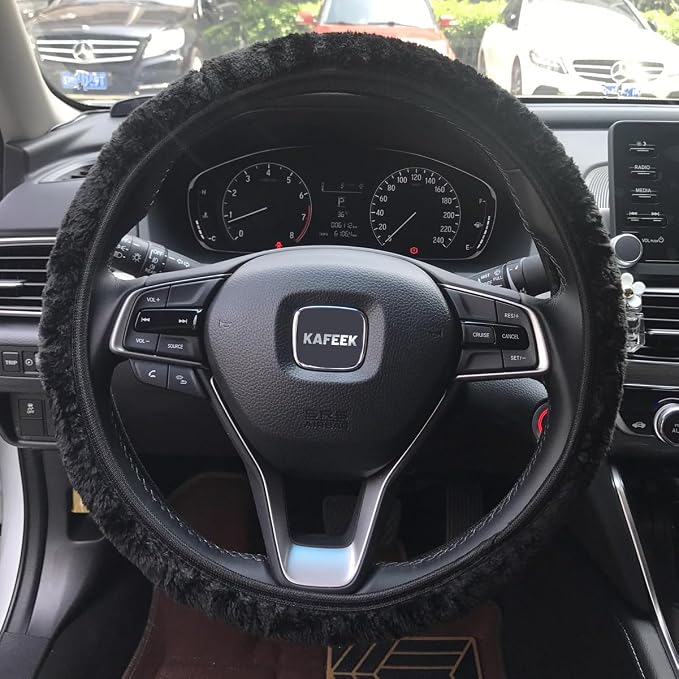 KAFEEK Elastic Long Microfiber Plush Steering Wheel Cover for Winter Warm, Universal 15 inch, Anti-Slip, Odorless, Black